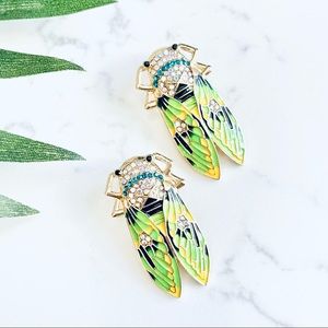 Cicada Gold Green Rhinestone Boho Earrings 1.75” Bug New